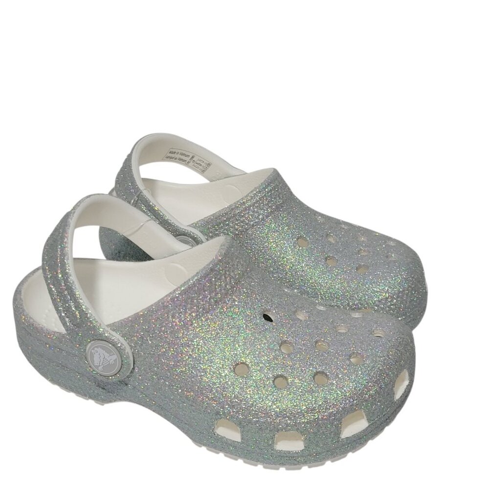 Crocs‎ Classic Iridescent Glitter Clogs Toddler Size C9 Kid White Silver 2-5 Yrs